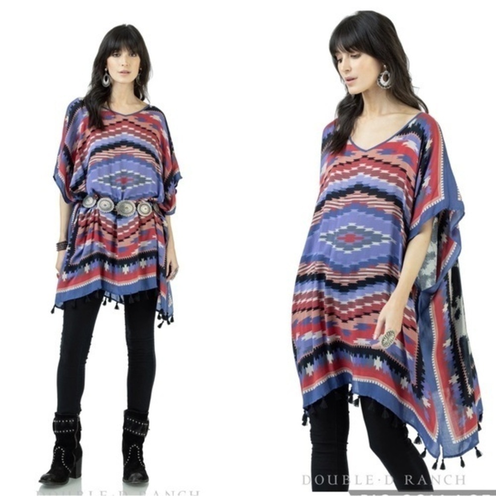 Double D Ranch Red Purple Sierra Bonita Fringe Poncho Pullover Tunic Top